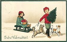 Postcard C-1910 Christmas Tree Children dog sled Holiday TP24-829 picture