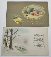 2 Antique Christmas Postcards  Holly Winter Scene Embossed picture