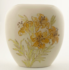 Vintage Beige and Orange Lillies and Butterfly Narrow Oval Vase Ceramic 70s picture