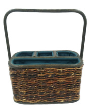 Wicker Basket Utensil Caddy Holder Handled Basket Picnic Party BBQ Quilt Lined picture