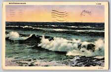Greetings - Whispering Waves Surf - Seashore - Linen - Vintage Postcard - Posted picture