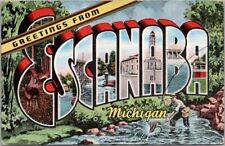 1940s ESCANABA, Michigan Large Letter Postcard Fishing Scene / Kropp Linen picture