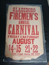 2 Antique Fireman's Annual Carnival Posters Signs Glassboro NJ 3 Digit Phone #  picture