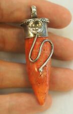 Antique Red Coral IVY Decorated Sterling Silver Capped Nepalese Bead Pendant picture