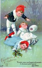 CHRISTMAS - Skating Children Christmas Gladness Postcard - 1913 picture