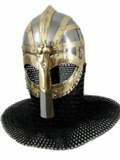 MEDEIVAL ANCIENT WAR HELMET WITH CHAINMAIL CURTAIN IN BRASS AND STEEL FINISH. picture