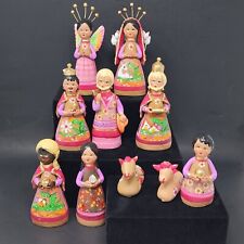 Mexican Pottery Nativity Figures Folk Art Clay 10 Pieces UV Glow Vintage picture
