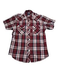 Wrangler Western Shirt Plaid Red Pearl Snaps No Size Tag See Measurements M picture