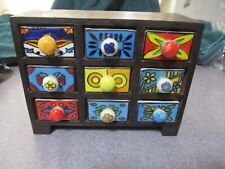 VINTAGE WOODEN BOX WITH 9 BEAUTIFUL CERAMIC DRAWERS 6