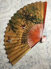 Vintage Oriental 3 Birds Bamboo Large 40”x 24” Folding Wall Fan Hand-Painted Art picture