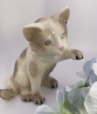 Ceramic Kitten Handpainted 6 Inches Tall Blue Rhinestone Eyes. Cat Figuire. picture