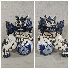 Pair Of Vintage Kutani Japanese Foo Dog Guardians White/Blue Porcelain - Damaged picture