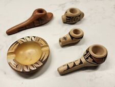 Rare Unique Vintage Hopi Indian Pottery Pieces - 4 Pipes, 1 Ashtray - Lot of 5 picture