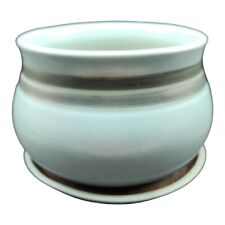 Vintage CDP MCM Planter Attached Underplate Robin's Egg Blue Gray Stripes picture