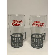 VTG 1985 Coca Cola Coke Glasses with Pewter Holder Set of 2 Retro Style Red picture
