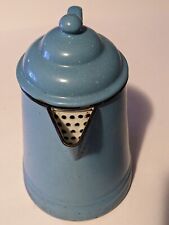 Large Vintage Enamelware Aqua Blue-White Speckled Cowboy Coffee Kettle Pot picture