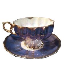 Royal Sealy Bone China Footed Cup & Saucer Iridescent White Purple Gold Trim picture