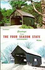 Greetings From Four Season Warren Vermont VT Old Covered Bridge Dual Postcard picture
