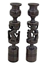 Vtg. African Hand Carved Ebony Wood Tribal Figures Candlesticks Pair #FG picture