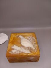 Vintage Incolay Stone Hand Carved in USA Orange Square Trinket Jewelry Box Quail picture