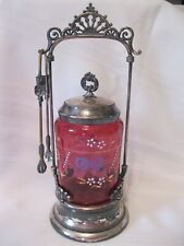 Beautiful Vintage Forbes SIlverplate & Cranberry Glass Pickle Castor & Tongs picture