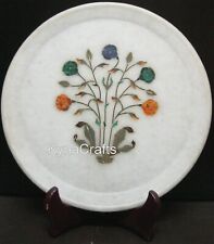 10 Inches Round White Marble Giftable Plate Gemstone Inlay Work Decorative Plate picture