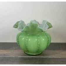 Fenton Green Cased Glass Beaded Melon Bowl Vase 5-1/2” Nice, Glows picture