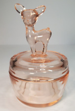Jeanette Pink Depression Glass Fawn Deer Trinket Or Candy Dish w Lid Jar Vintage picture