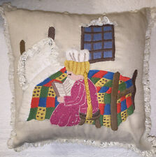 Vintage Homemade Embroidered Pillow Girl reading Book beside her Bed picture