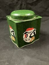 Vintage Holiday Christmas Cow Tin Tea Tin Holly Bell Santa Hat. picture