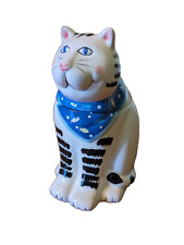 Coco Dowley Porcelain/Ceramic White w/Black Stripes Kitty Cat/Kitten Cookie Jar picture