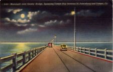 Gandy Bridge Tampa Bay Florida Moonlight  Linen Postcard picture