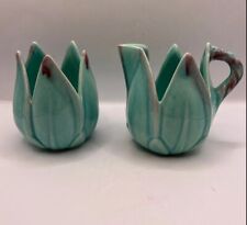 Pottery Sugar And Creamer Set Teal Green And Magenta Flower Petals picture