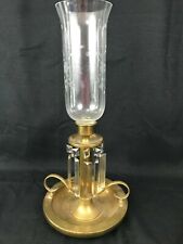 Vintage Antique Large Brass Candleholder with Etched Glass Shade Crystals Prisms picture