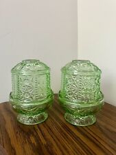 TWO Vintage Indiana Glass Stars and Bars Green Fairy Lamps picture
