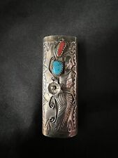 Vintage  Navajo Turquoise  & Coral Detailed  Sterling  Cigarette Lighter Cover￼ picture