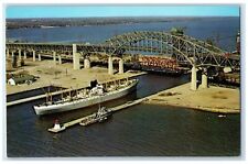 Burlington Skyway Bridge Hamilton Ontario Canada, Steamer Ship Scene Postcard picture