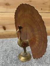 PEACOCK WITH ETCHED FEATHERS ART SCULPTURE STATUE BRASS FIGURINE 8 INCHES picture