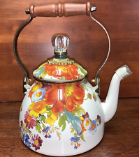 MacKenzie-Childs Flower Market White 2 Quart White Enamelware Tea Kettle Teapot picture