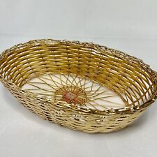 Vintage Gold Tone Oval Woven Wire Basket Organize Storage Decor picture