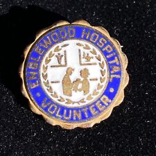 Vintage Englewood Hospital Volunteer Brooch Pin Goldtone Metal Blue White Enamel picture