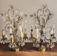 Antique Pair Crystal Girandoles Candelabra Lamps Electric Tabletop Brass Floral picture