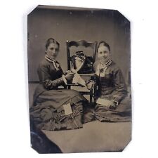 Young Women With Hats Opening Letter Tintype c1875 Antique 1/6 Plate Photo D480 picture