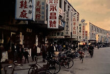1965 Kodachrome Slide China possibly Taiwan Street Scene Stores Bicycles People picture