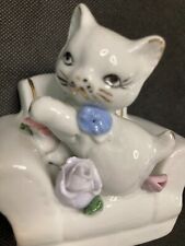 White Kitten Figurine Blue Ribbon Flower Chair Porcelain Cat picture