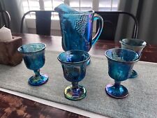 Vtg Blue Carnival Glass Set Craft Wine Goblets Indiana Harvest Grapes Depression picture