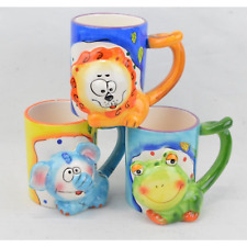 Set Of 3x Ceramic Coffee Mug Cup Animal Lion Frog Elephant 3D Color Hand Painted picture