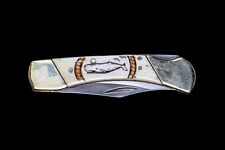 Etched Sperm Whale Design Colored Scrimshaw Collection Large Pocket Knife  picture