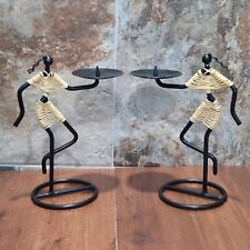 Vintage Black Wrought Iron Rattan Woman Figure Candle Holder Tribal Inspired Art picture