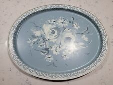 Vtg Toleware Country Cottage FLORAL Oval Metal Tray Blue And White 14.5